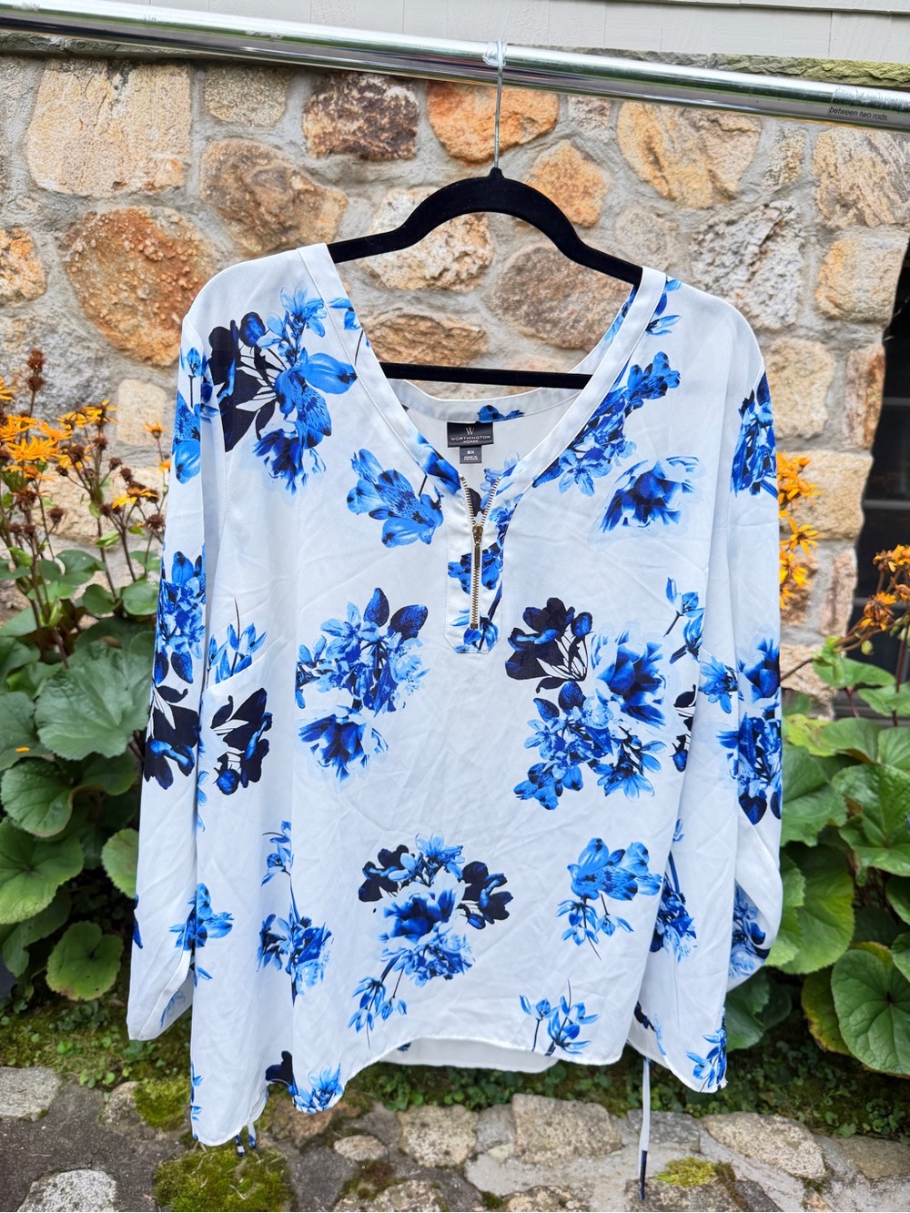 Worthington White Tunic with Blue Floral Print